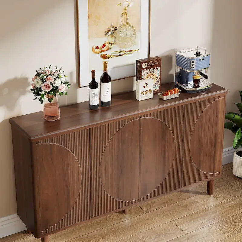 White Modern Sideboard with 4 Doors, Push-Open, Single-Person Assembly