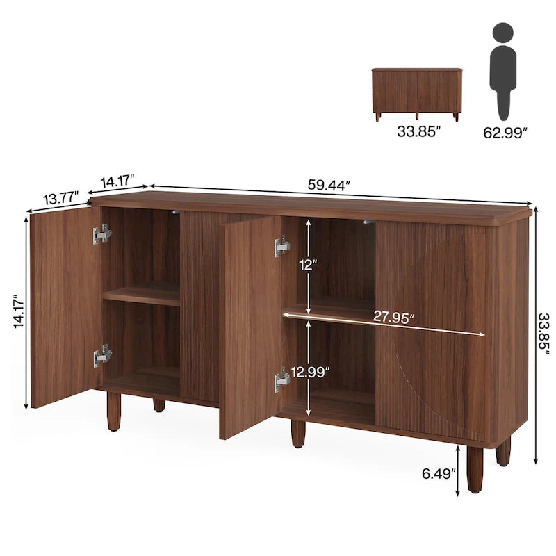 White Modern Sideboard with 4 Doors, Push-Open, Single-Person Assembly