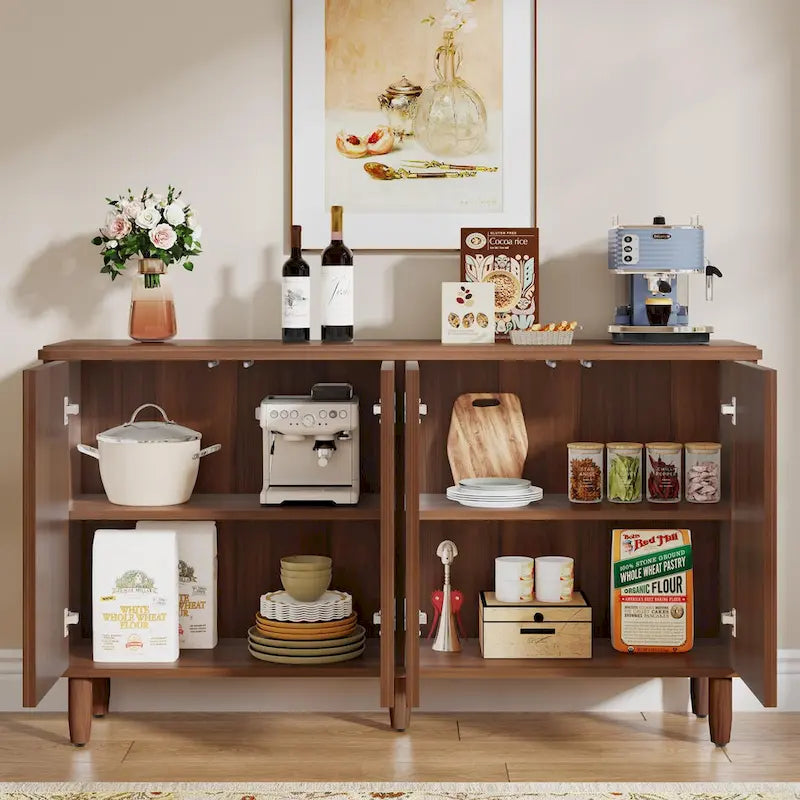 White Modern Sideboard with 4 Doors, Push-Open, Single-Person Assembly