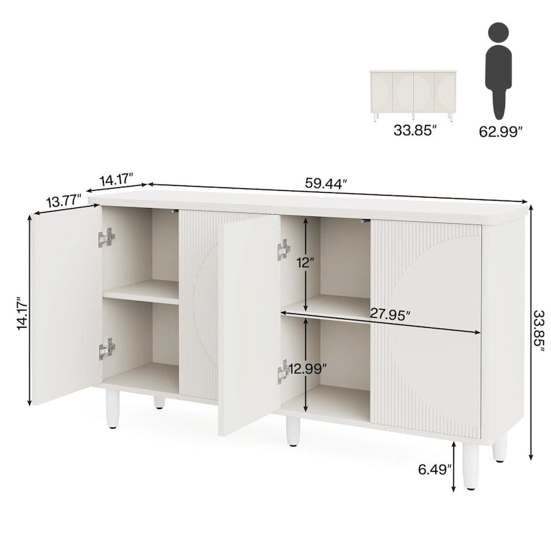 White Modern Sideboard with 4 Doors, Push-Open, Single-Person Assembly