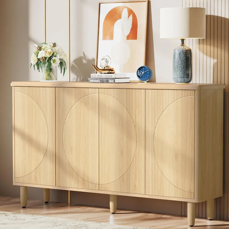 White Modern Sideboard with 4 Doors, Push-Open, Single-Person Assembly