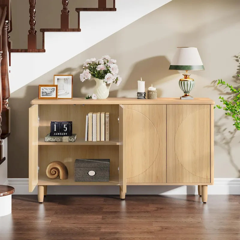 White Modern Sideboard with 4 Doors, Push-Open, Single-Person Assembly