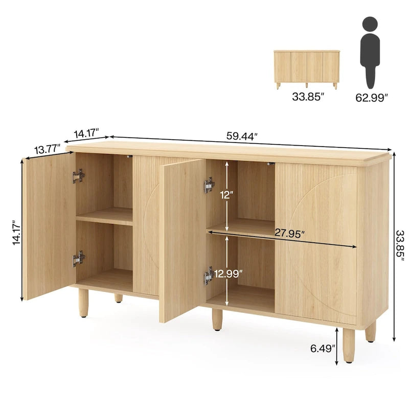 White Modern Sideboard with 4 Doors, Push-Open, Single-Person Assembly