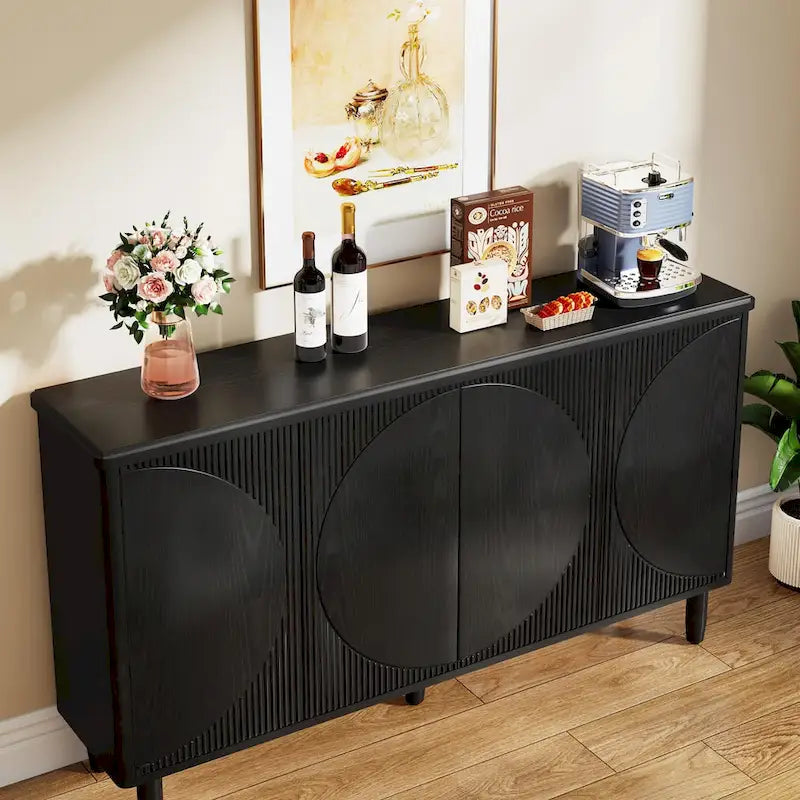 White Modern Sideboard with 4 Doors, Push-Open, Single-Person Assembly