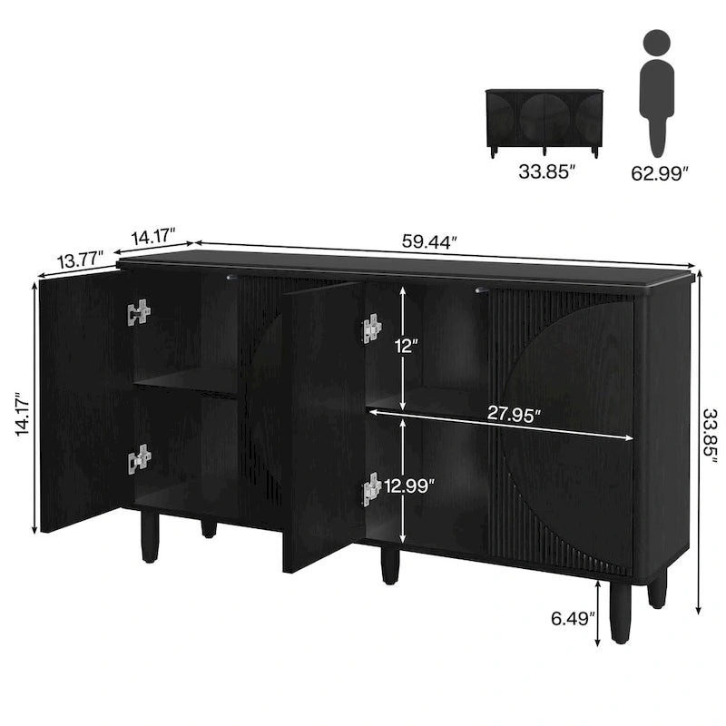 White Modern Sideboard with 4 Doors, Push-Open, Single-Person Assembly
