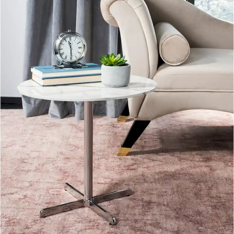 Table d'appoint ronde en marbre blanc, accent doré/argenté, simple – 20"L × 20"P × 18"H