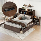 Lit plateforme de rangement pleine grandeur avec lit gigogne, espresso/blanc, bois massif, 2 couchages