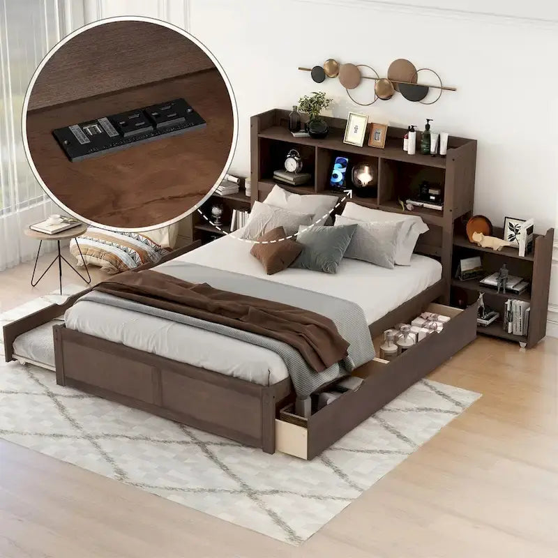 Lit plateforme de rangement pleine grandeur avec lit gigogne, espresso/blanc, bois massif, 2 couchages