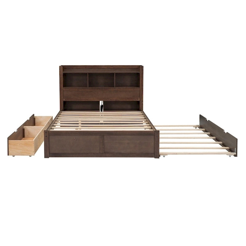 Lit plateforme de rangement pleine grandeur avec lit gigogne, espresso/blanc, bois massif, 2 couchages
