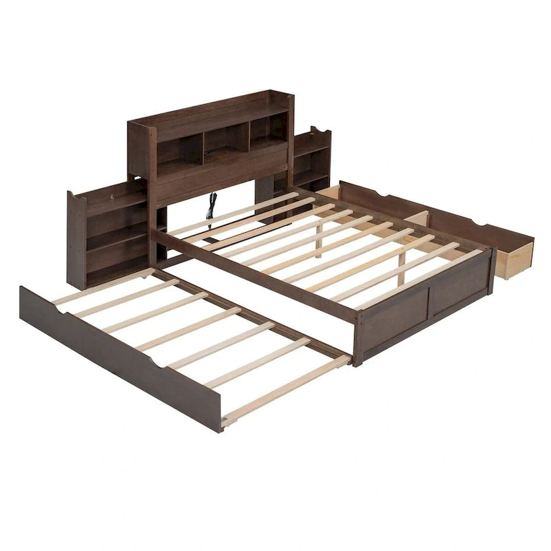 Lit plateforme de rangement pleine grandeur avec lit gigogne, espresso/blanc, bois massif, 2 couchages