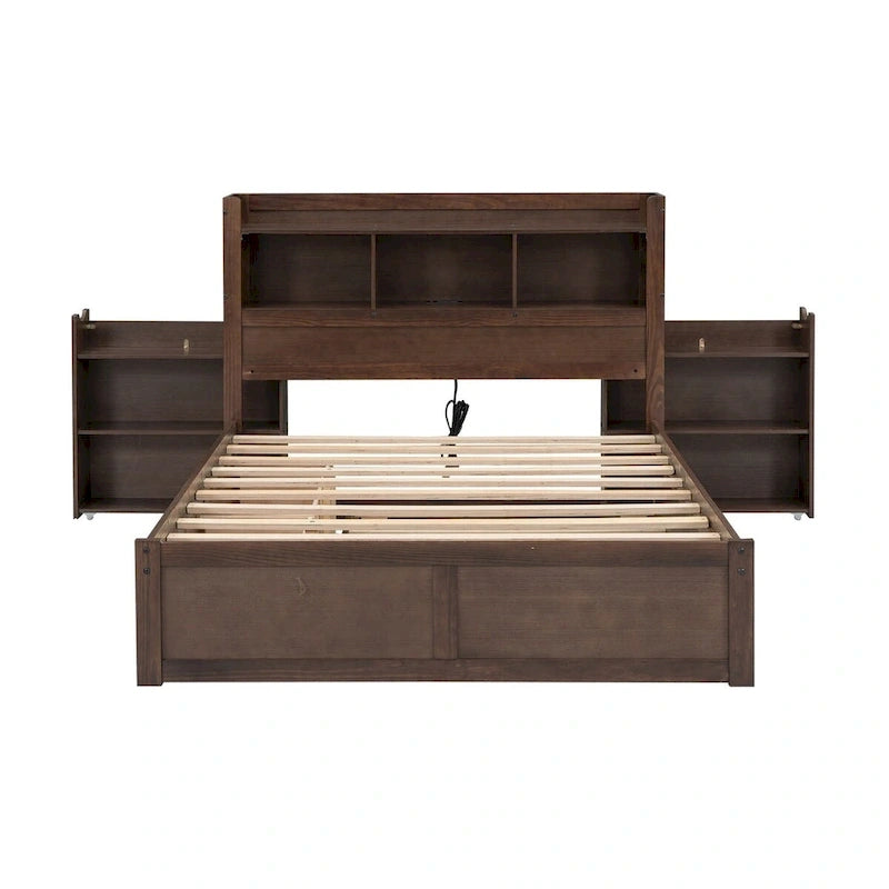 Lit plateforme de rangement pleine grandeur avec lit gigogne, espresso/blanc, bois massif, 2 couchages