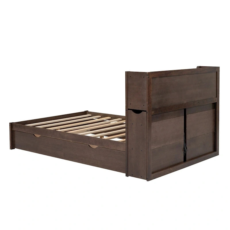 Lit plateforme de rangement pleine grandeur avec lit gigogne, espresso/blanc, bois massif, 2 couchages