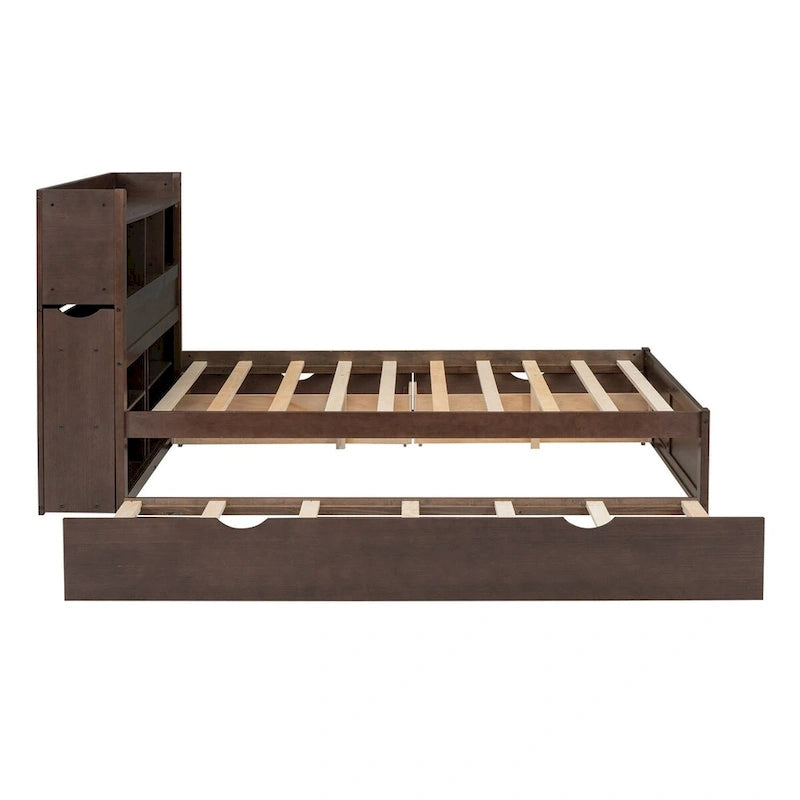 Lit plateforme de rangement pleine grandeur avec lit gigogne, espresso/blanc, bois massif, 2 couchages