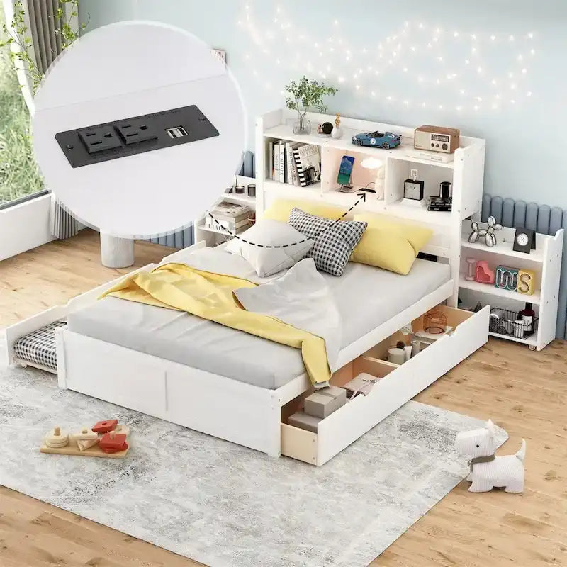 Lit plateforme de rangement pleine grandeur avec lit gigogne, espresso/blanc, bois massif, 2 couchages