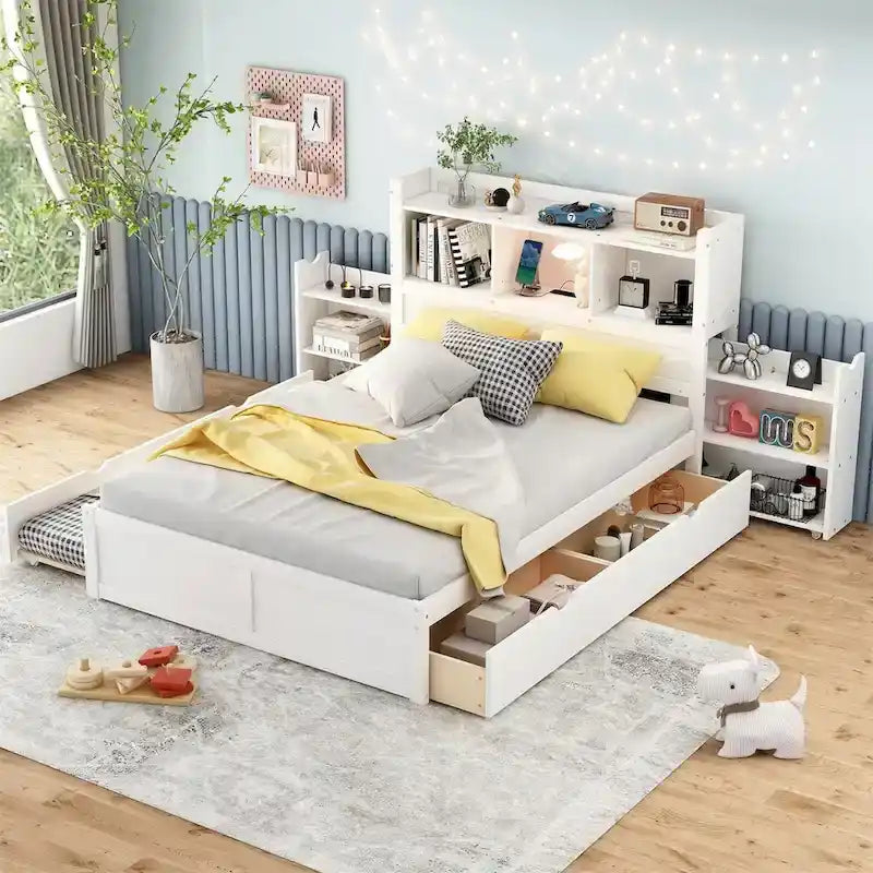 Lit plateforme de rangement pleine grandeur avec lit gigogne, espresso/blanc, bois massif, 2 couchages