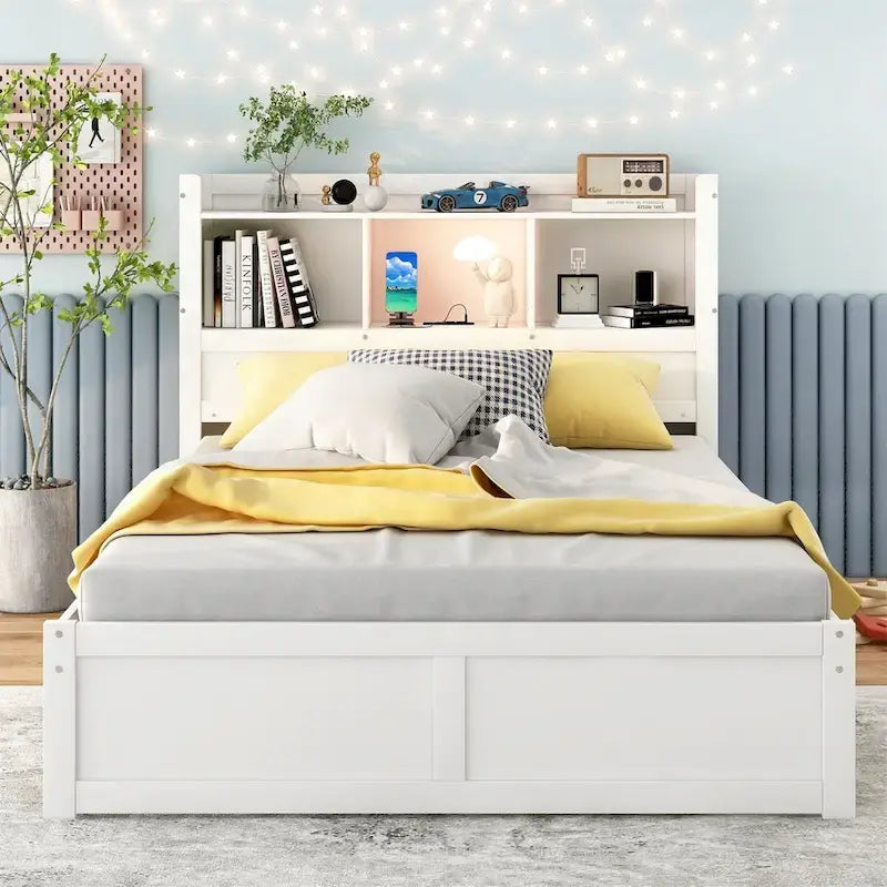 Lit plateforme de rangement pleine grandeur avec lit gigogne, espresso/blanc, bois massif, 2 couchages