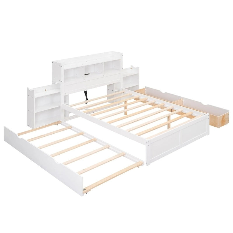 Lit plateforme de rangement pleine grandeur avec lit gigogne, espresso/blanc, bois massif, 2 couchages