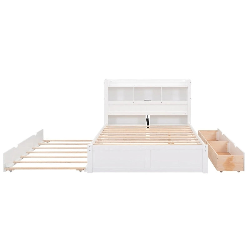 Lit plateforme de rangement pleine grandeur avec lit gigogne, espresso/blanc, bois massif, 2 couchages