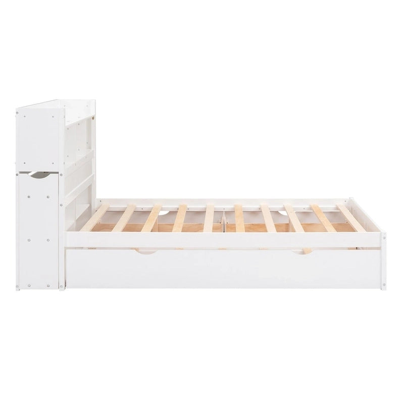 Lit plateforme de rangement pleine grandeur avec lit gigogne, espresso/blanc, bois massif, 2 couchages