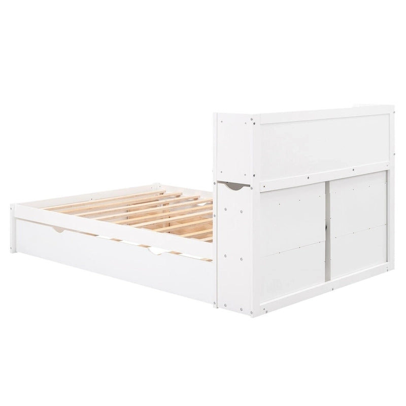 Lit plateforme de rangement pleine grandeur avec lit gigogne, espresso/blanc, bois massif, 2 couchages
