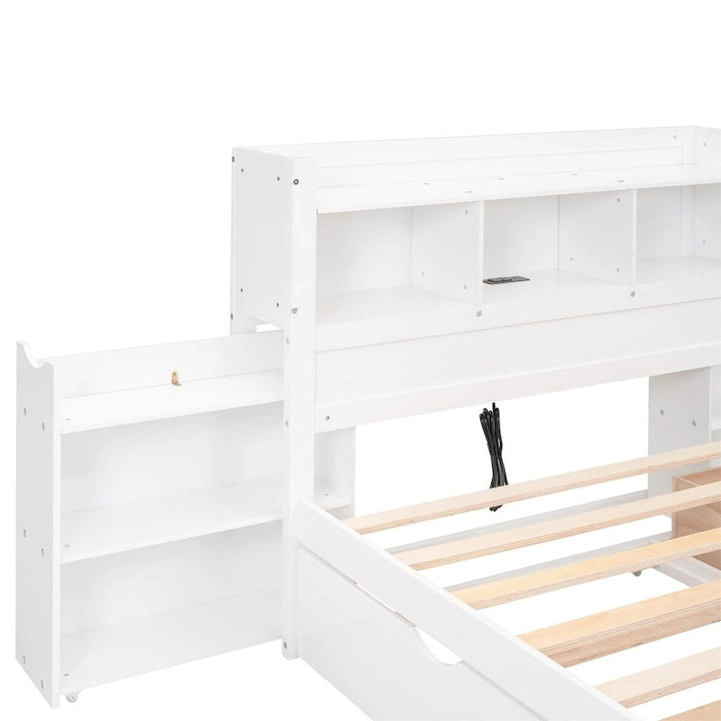 Lit plateforme de rangement pleine grandeur avec lit gigogne, espresso/blanc, bois massif, 2 couchages