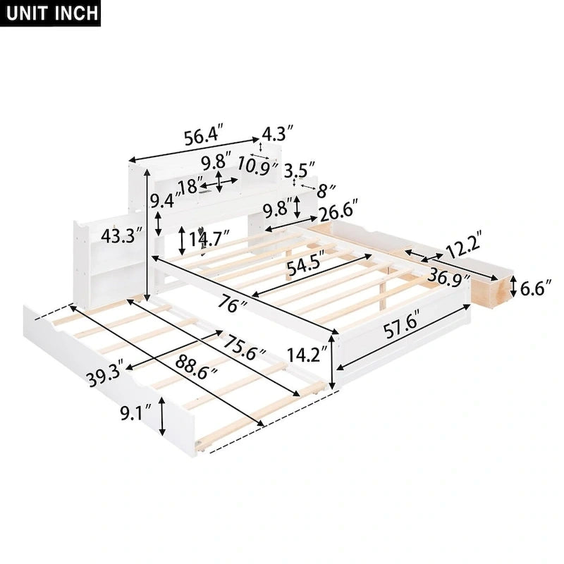 Lit plateforme de rangement pleine grandeur avec lit gigogne, espresso/blanc, bois massif, 2 couchages