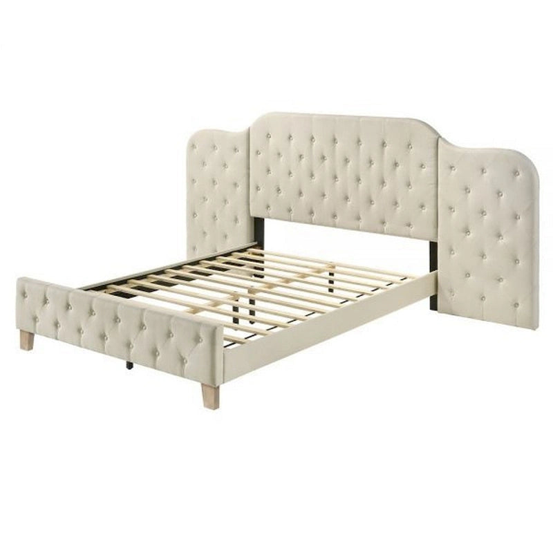 Beige Linen Tufted Upholstered Queen Bed with Oversized Headboard, 1-Person