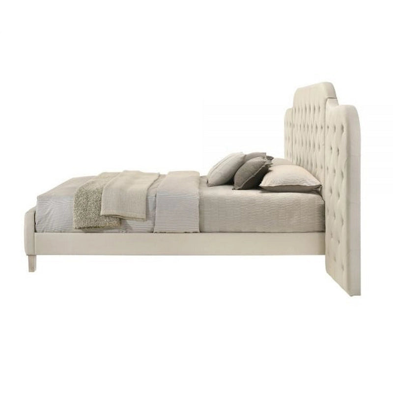 Beige Linen Tufted Upholstered Queen Bed with Oversized Headboard, 1-Person