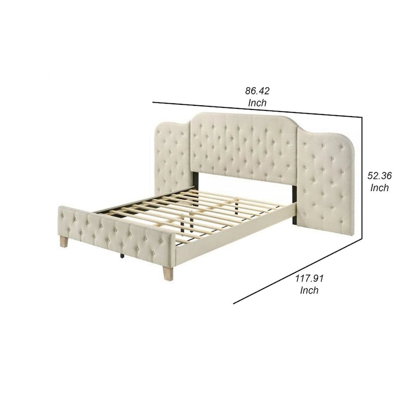 Beige Linen Tufted Upholstered Queen Bed with Oversized Headboard, 1-Person