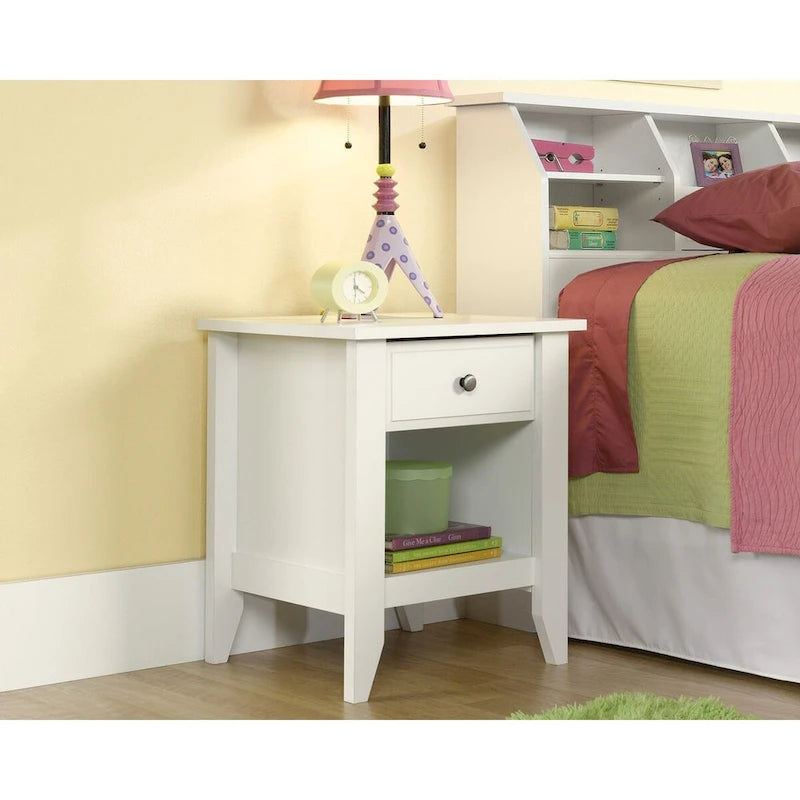 Single-Drawer Nightstand with Open Shelf – Soft White / Oiled Oak / Jamocha Wood, 1 Person