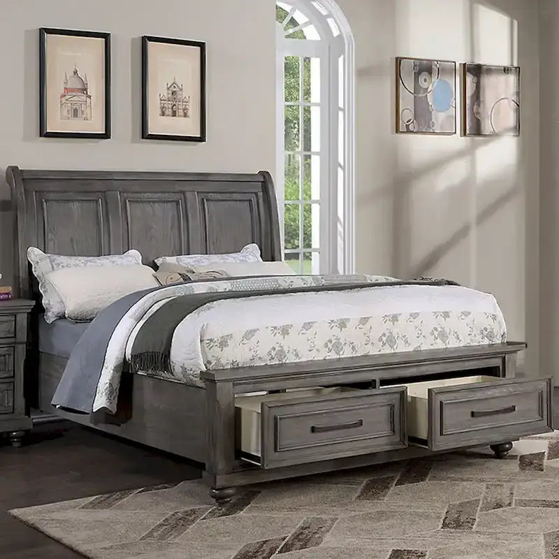 Antique Grey Oak Sleigh Bed with 2 Storage Drawers, for 2