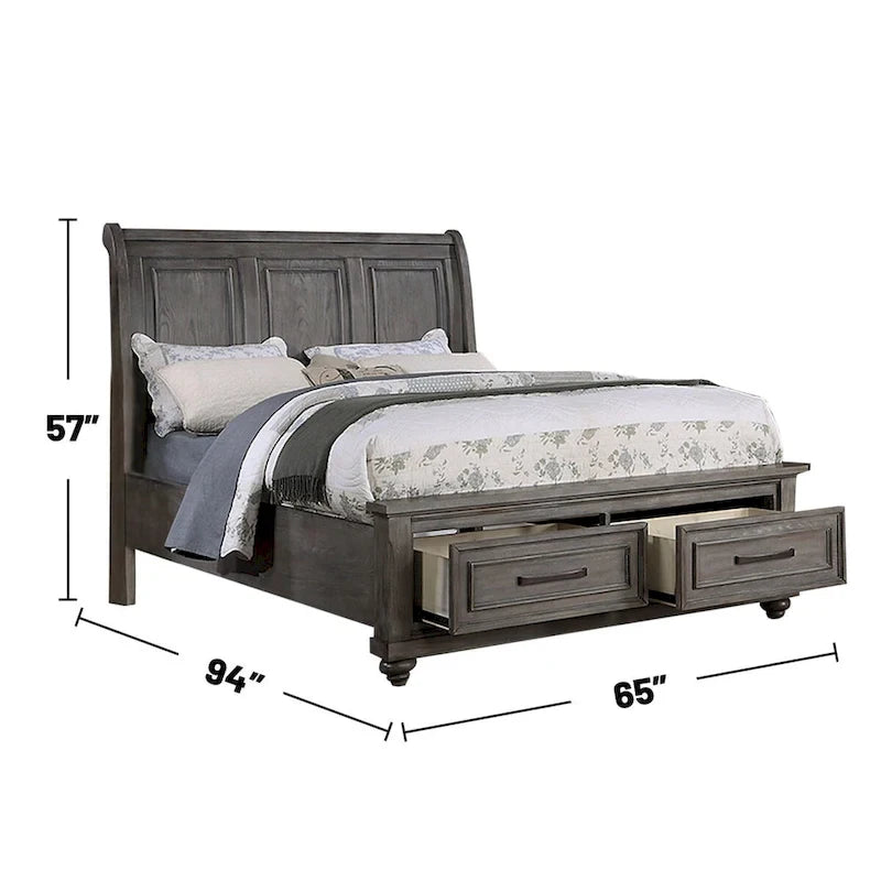Antique Grey Oak Sleigh Bed with 2 Storage Drawers, for 2