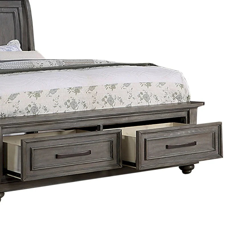 Antique Grey Oak Sleigh Bed with 2 Storage Drawers, for 2