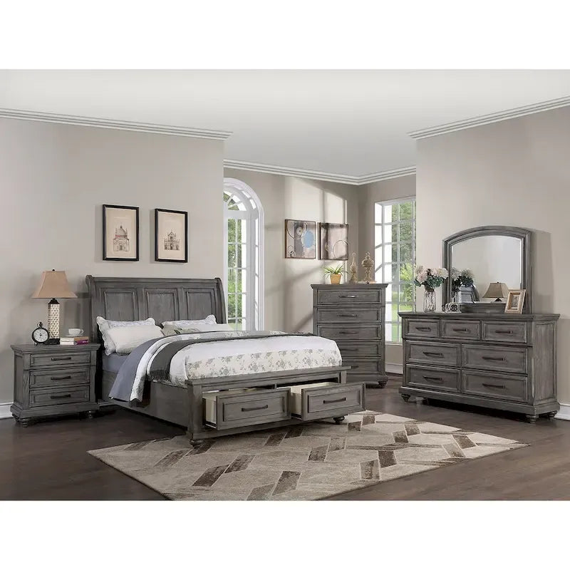 Antique Grey Oak Sleigh Bed with 2 Storage Drawers, for 2