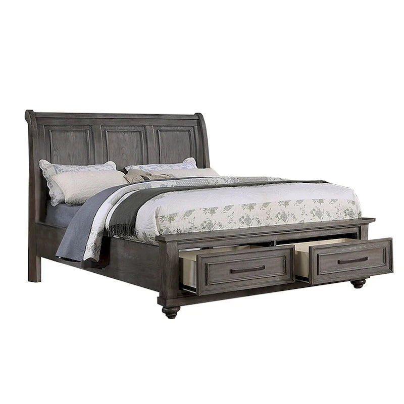 Antique Grey Oak Sleigh Bed with 2 Storage Drawers, for 2
