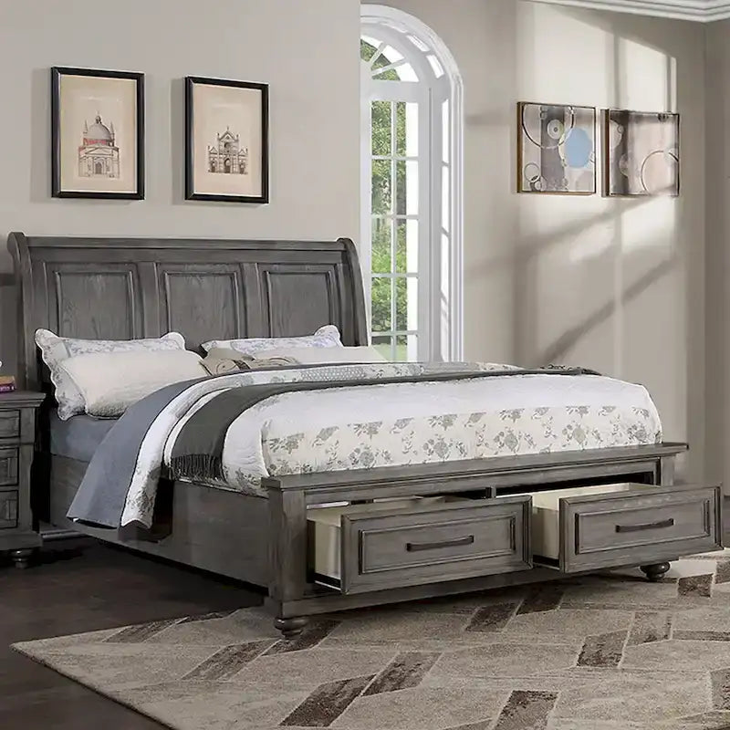 Antique Grey Oak Sleigh Bed with 2 Storage Drawers, for 2