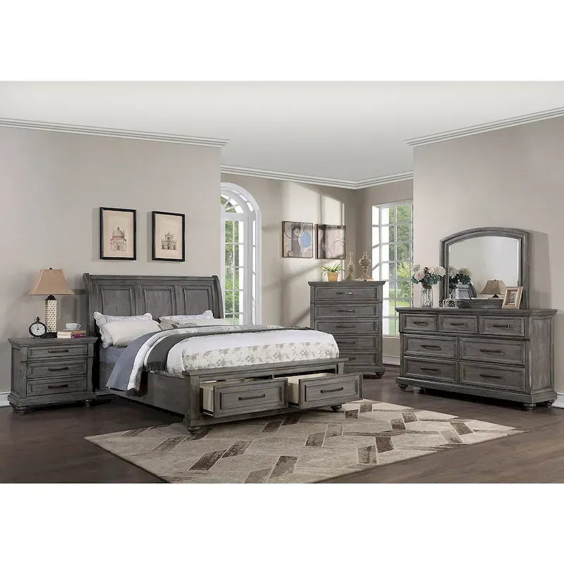 Antique Grey Oak Sleigh Bed with 2 Storage Drawers, for 2