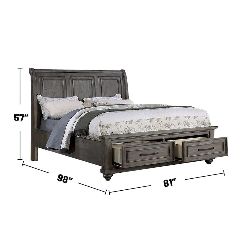 Antique Grey Oak Sleigh Bed with 2 Storage Drawers, for 2