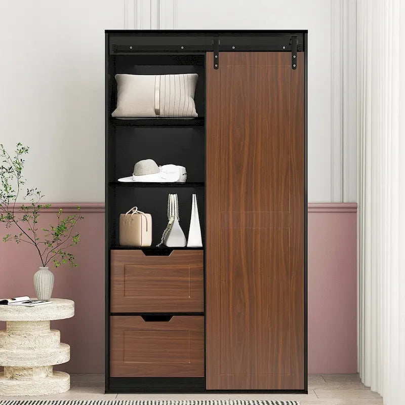 Brown Sliding Barn Door Wardrobe, Single Door, 1–2 Person