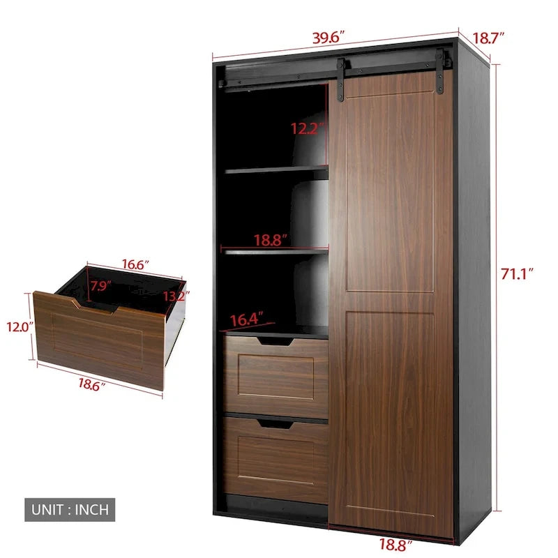 Brown Sliding Barn Door Wardrobe, Single Door, 1–2 Person