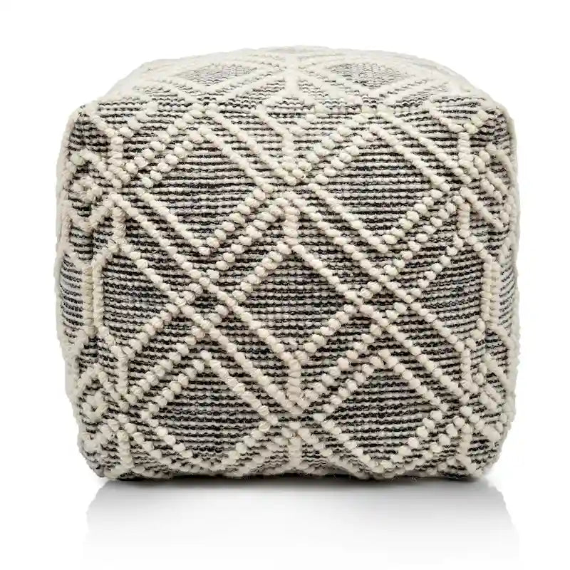Ivory & Charcoal Woven Pouf Footstool, Single Seat, 16"×16"×16"