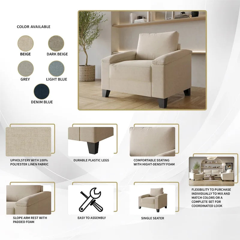 Linen Upholstered Accent Armchair, 1-Seater (Light Blue / Grey / Dark Beige / Blue / Beige)