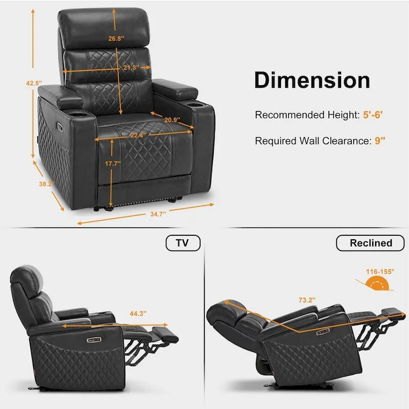 Black / Grey / Brown Power Recliner Chair with Adjustable Headrest, LED & USB, Faux Leather, 1-Seat