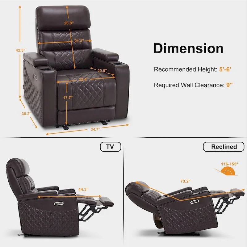 Black / Grey / Brown Power Recliner Chair with Adjustable Headrest, LED & USB, Faux Leather, 1-Seat