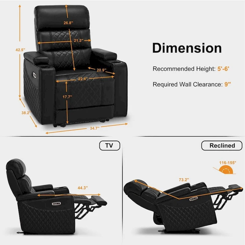 Black / Grey / Brown Power Recliner Chair with Adjustable Headrest, LED & USB, Faux Leather, 1-Seat