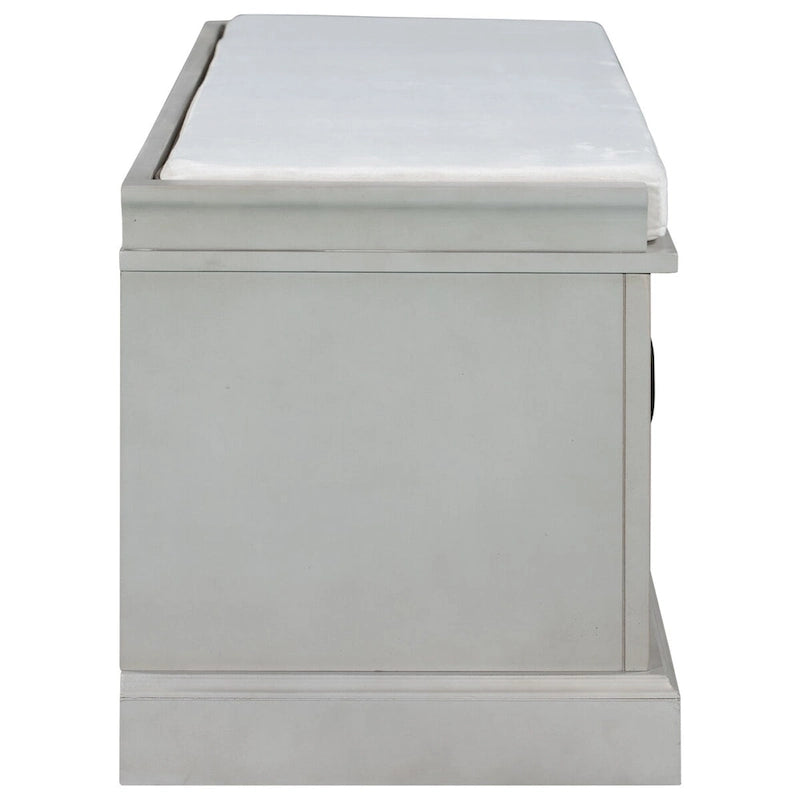 Banc de rangement rétro un siège avec coussin, finition gris lavé / blanc / bleu marine vieilli