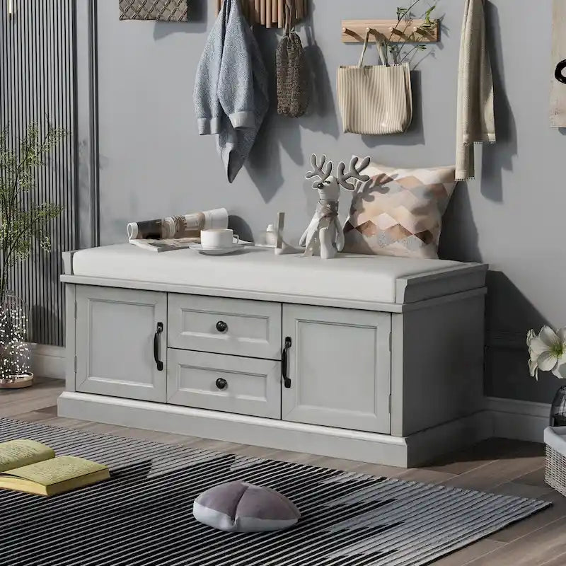 Banc de rangement rétro un siège avec coussin, finition gris lavé / blanc / bleu marine vieilli