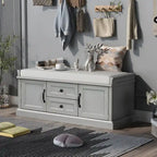Banc de rangement rétro un siège avec coussin, finition gris lavé / blanc / bleu marine vieilli