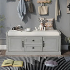 Banc de rangement rétro un siège avec coussin, finition gris lavé / blanc / bleu marine vieilli