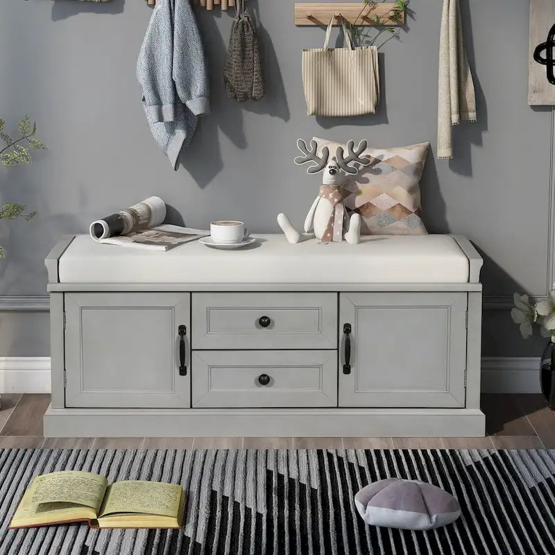 Banc de rangement rétro un siège avec coussin, finition gris lavé / blanc / bleu marine vieilli